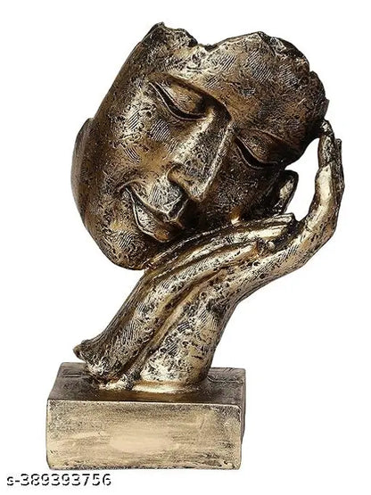 Antique Human Face Resting On Hands Polyresin Figurine – Gold